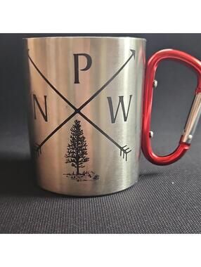 Stainless Steel Camping Mug with Red Aluminum Carabiner Handle, Silver